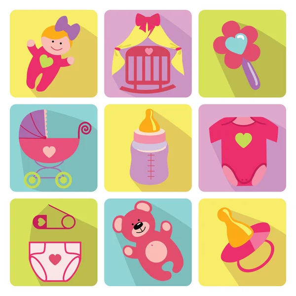 Cute cartoons icons for newborn baby girl — Stock Photo, Image