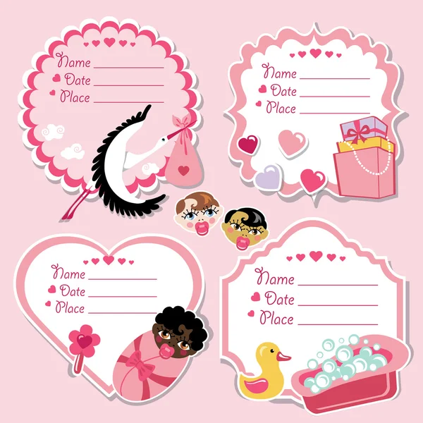 Cute label set with items for newborn baby girl — Stock Photo, Image