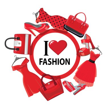 kadın kırmızı moda kıyafetleri, el çantası, yüksek topuklu shoes.eps