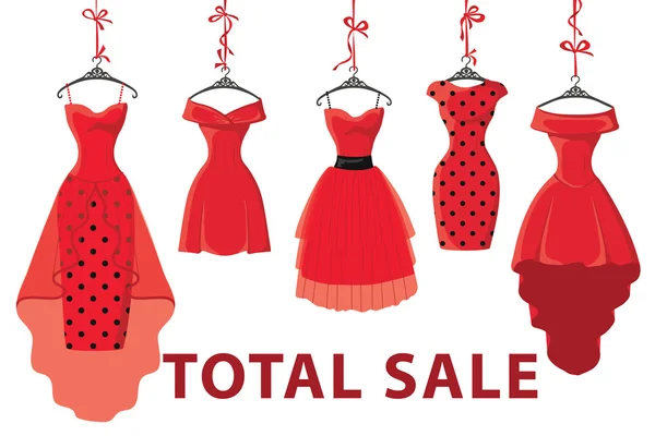 Red fashion women's  dresses hang on ribbon.Big sale — Stock Photo, Image