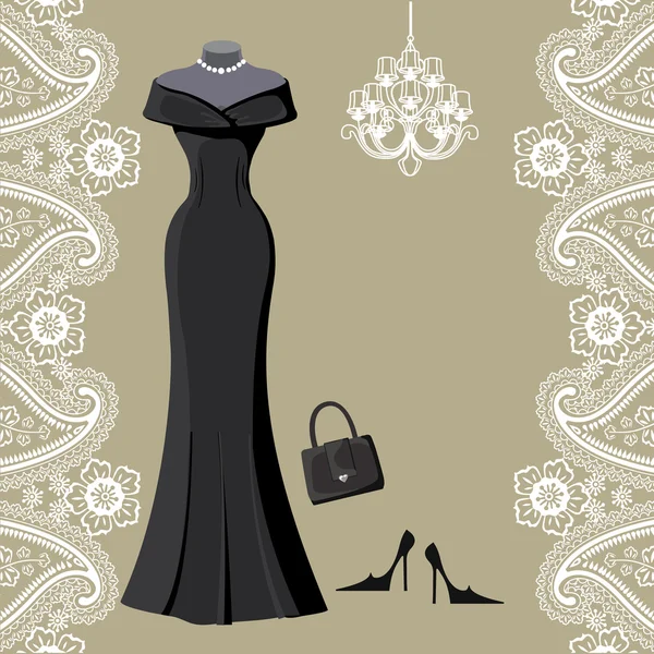 Zwarte partij jurk met kroonluchter en paisley rand — Stockfoto