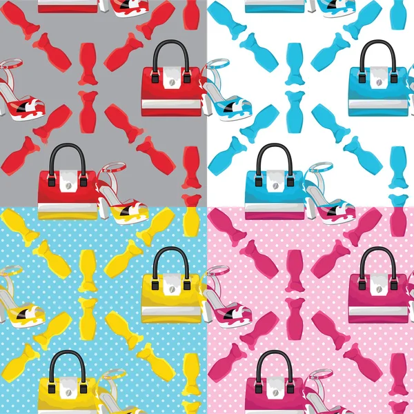 Mode nahtlose Muster set.colored, Handtaschen, Schuhe, Kleider — Stockfoto