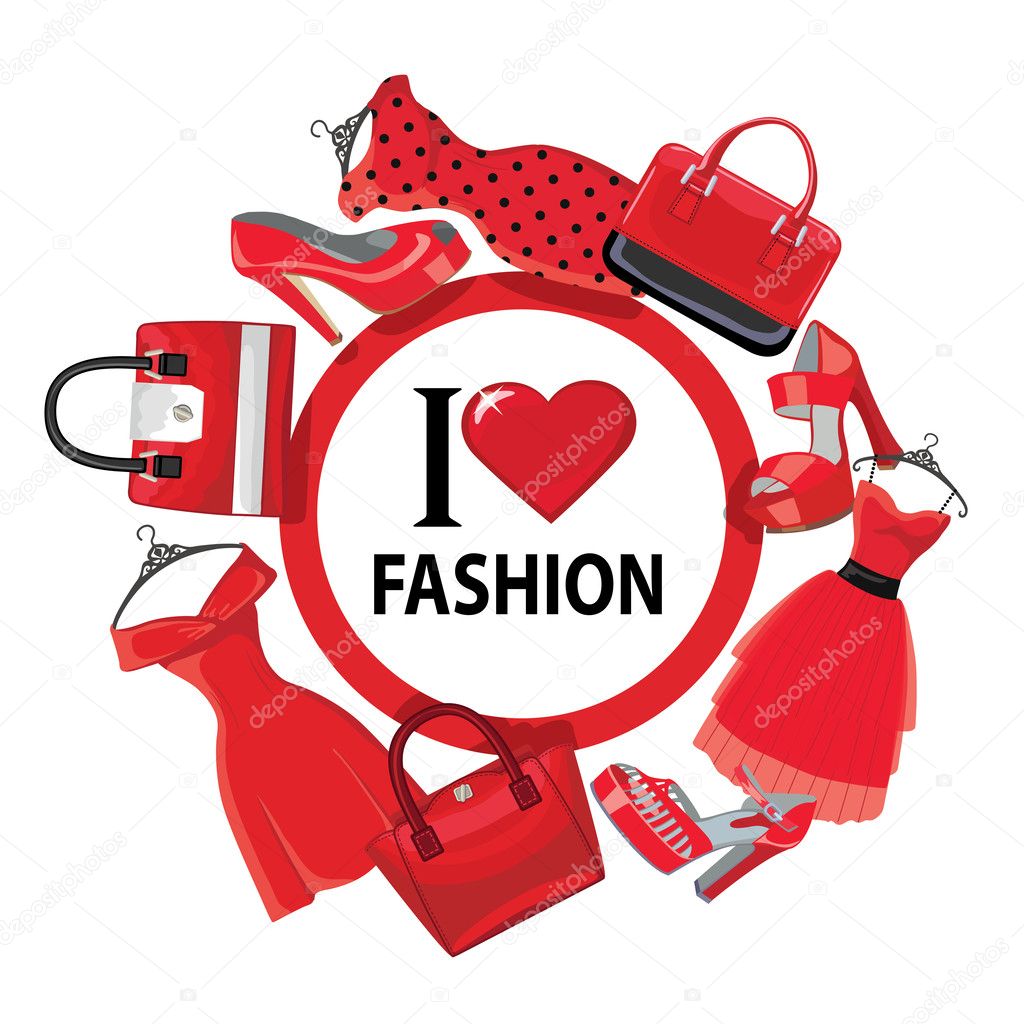Red fashion women's dresses,handbag, high-heeled shoes.eps