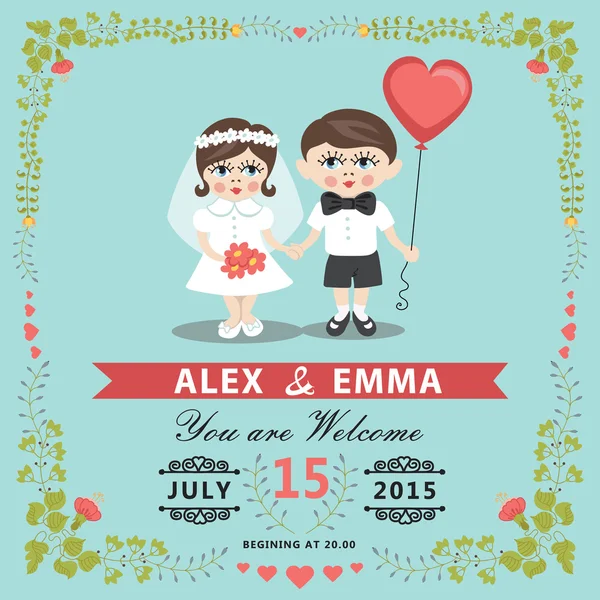 Uitnodiging voor bruiloft met baby bruid, bruidegom, floral frame — Stockfoto