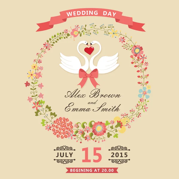 Cute wedding invitation with swans and floral wreath — Stock Photo, Image