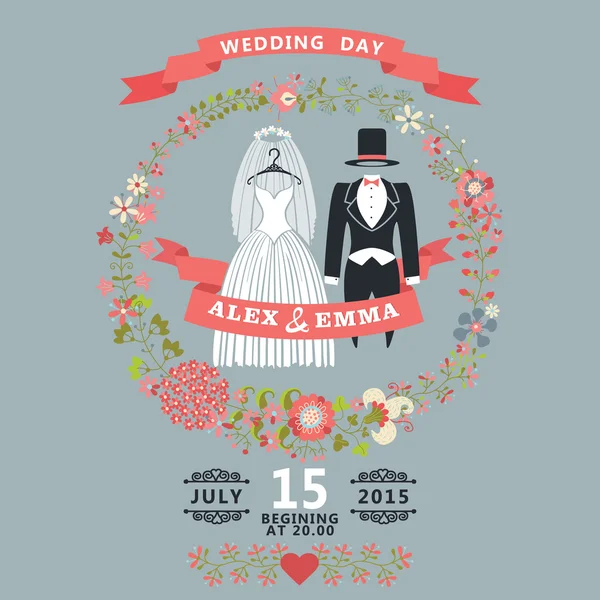 Retro Wedding invitation.Floral elements,Cartoon bride, groom — Stock Photo, Image