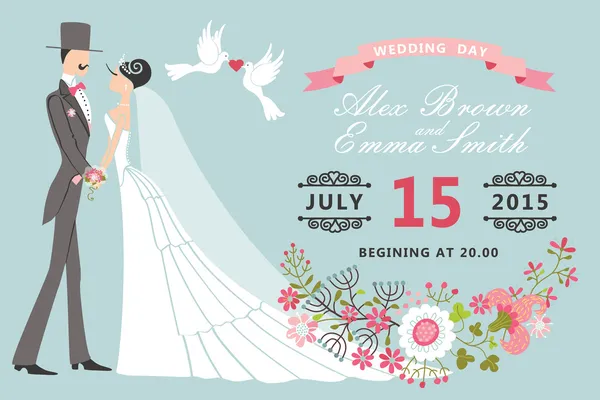 Retro Wedding invitation.Floral elements,Cartoon bride, groom — Stock Photo, Image