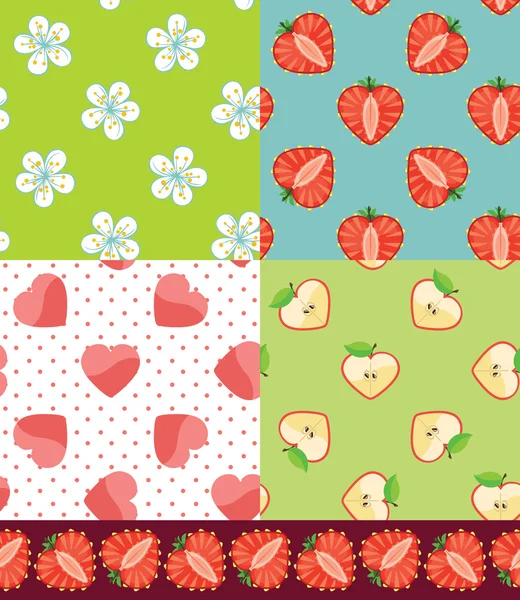 水果无缝 pattern.strawberry,apple,hearts,flowers 一套 — 图库照片