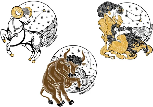 Baran, byk, bliźnięta kobiety i sign.horoscope.stars zodiaku — Zdjęcie stockowe