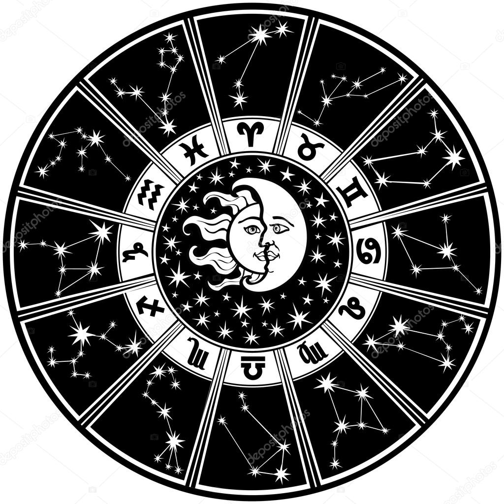 Zodiac sign and constellations.Horoscope circle.Black and white