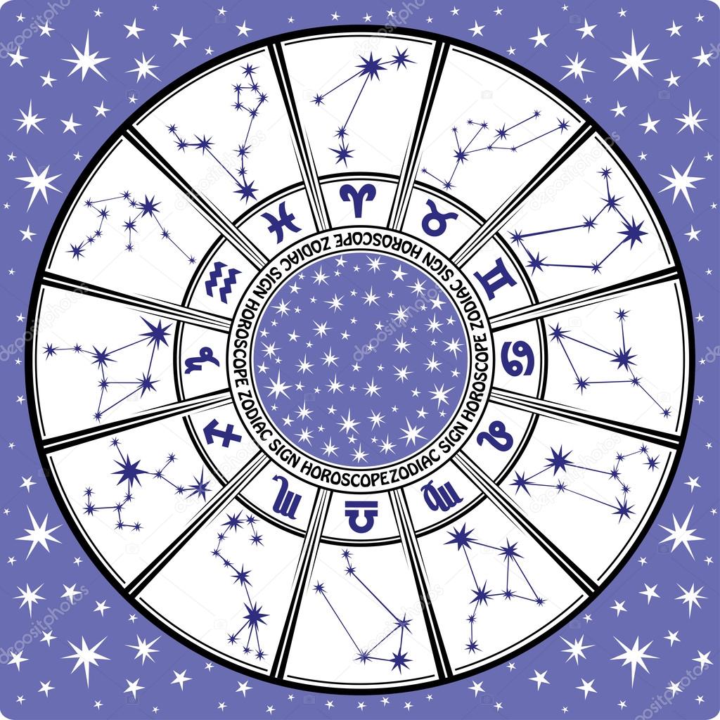 Zodiac sign and constellations.Horoscope circle.Black and white