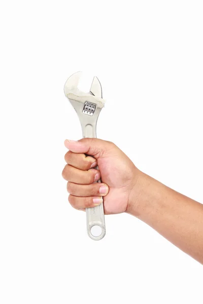 Narzędzia klucza mechanik ręka trzymać w ręku na białym tle — Zdjęcie stockowe