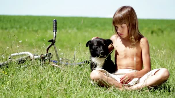 Un ragazzo con un cane in un campo, un ragazzo che riposa in un campo, un ragazzo che sogna ad occhi aperti in un campo da solo — Video Stock