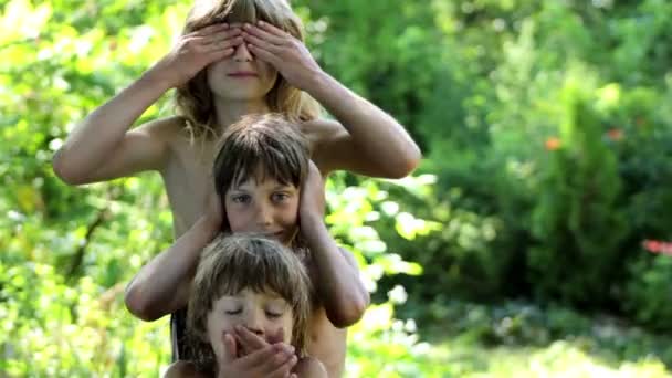 Pojkar spelar, bröderna leken (inte hör, ser, inte talar) — Stockvideo