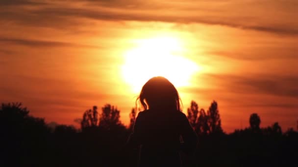 Silhueta de uma menina caminhando para o pôr do sol — Vídeo de Stock