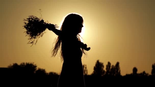 Silhueta de uma menina com flores no pôr do sol — Vídeo de Stock