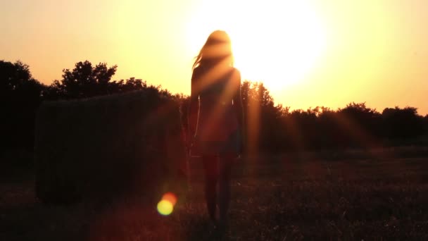 Silhouet van een meisje, wandelen in de zonsondergang — Stockvideo