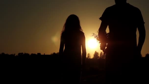Par i kärlek virvlar på solnedgången, man och kvinna vid solnedgången — Stockvideo