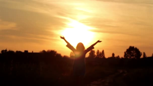 Silueta de una chica caminando hacia el atardecer — Vídeos de Stock