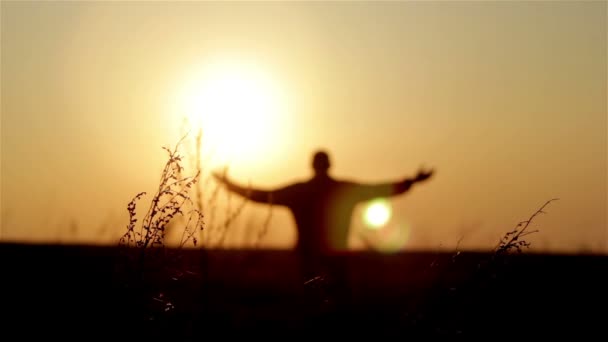 Silhouette of man on the sunrise. Freedom concept. Harmony concept. — Stock Video