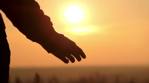 Groeten handen bij dageraad (close-up), handen bij zonsopgang — Stockvideo
