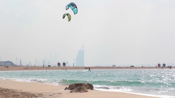 Dubai.UAE.Burj Al Arab in February 2014.Jumeirah beach promenade.Dubai Offshore SailingClub. — Stock Video