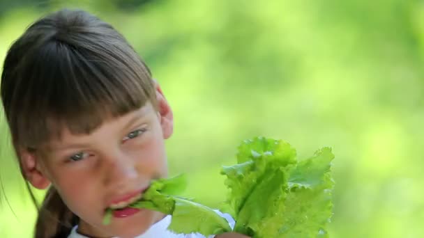 Menino comendo uma salada.A criança faz uma escolha em favor do vegetarianismo . — Vídeo de Stock