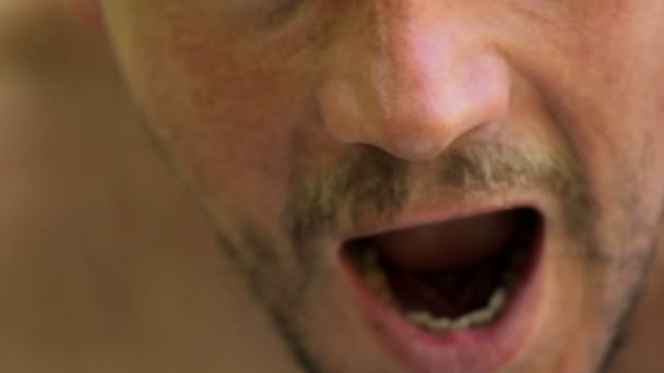 Homem gourmet devorando larvas de besouros.Larvas de besouro perto da boca . — Vídeo de Stock