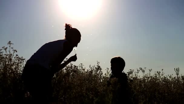 Mutter spielt mit Kindern auf dem Feld. Mutter und Sohn pusten Löwenzahn. Mutter hält ein Baby im Arm. — Stockvideo