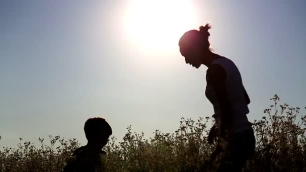 Une jeune famille avec enfants, flânez sur la nature.Jeune mère avec enfants sur la nature . — Video