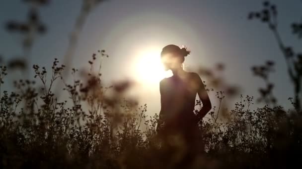 Молода дівчина в полі на заході сонця. Дівчина на заході сонця, поїзди . — стокове відео