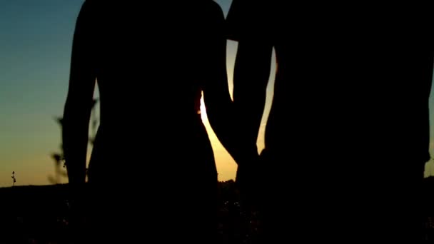 Erkek ve kadın gün batımında aşık sunset.couple adlı bir alanda. — Stok video