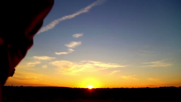 Man bij zonsondergang op het terrein (lopen, springen) — Stockvideo