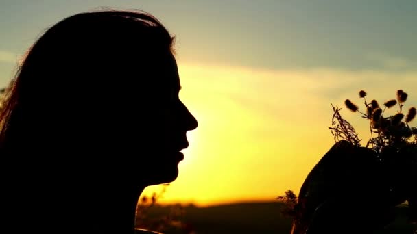 Portret dziewczynki w zachód słońca z wieniec kwiaty. — Wideo stockowe