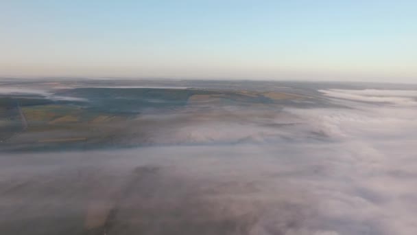 朝の霧の中でドローンから川への眺め — ストック動画