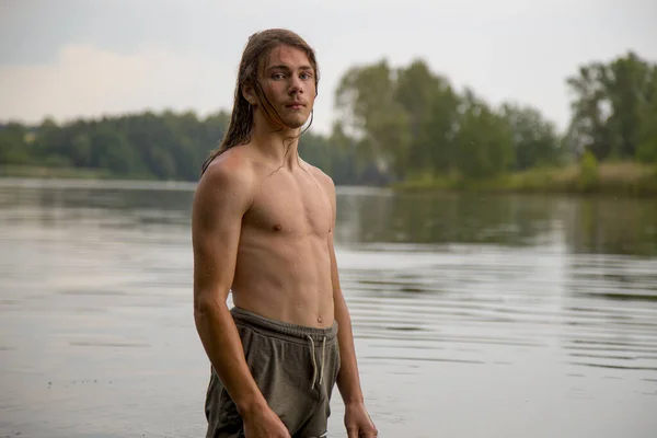 Portrait Village Teenage Boy River Long Haired Teenager Lives Harmoniously — Stock Photo, Image