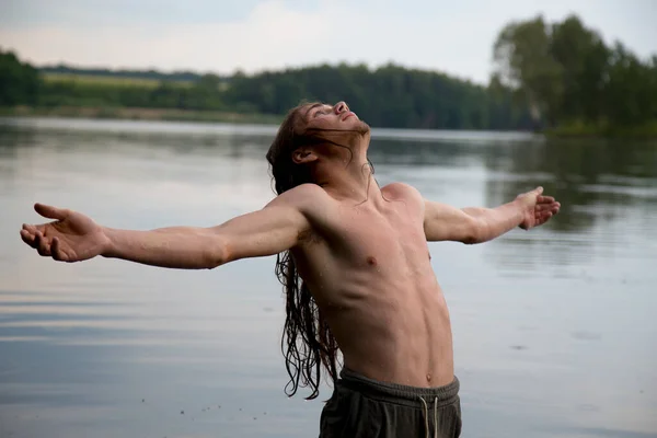 Portrait Village Teenage Boy River Long Haired Teenager Lives Harmoniously — Stock Photo, Image