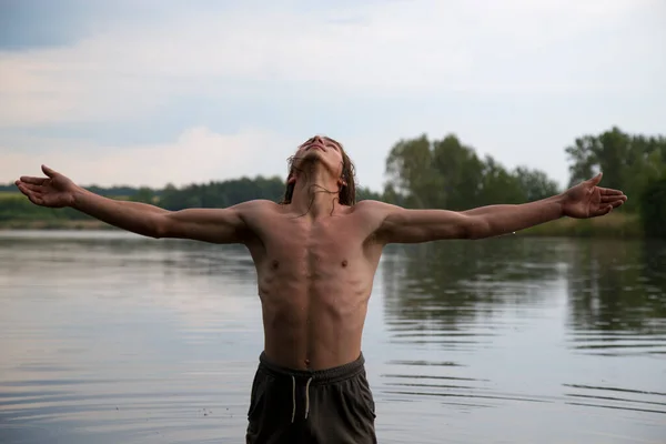 Portrait Village Teenage Boy River Long Haired Teenager Lives Harmoniously — Stock Photo, Image