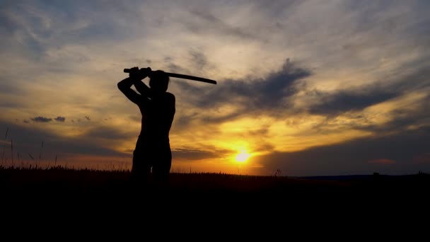 Silhouette Ragazzo Che Allena Con Una Spada Samurai Tramonto Teenage — Video Stock