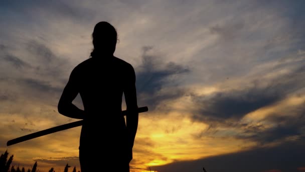 Silhueta Rapaz Treinar Com Uma Espada Samurai Pôr Sol Adolescente — Vídeo de Stock
