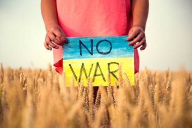 Buğday tarlasında bir çocuk savaşa karşı bir bayrak tutar. Ukraynalı çocuk savaşa karşı. Çocuk vatanseverliği. Yüzü olmayan çocuklar. 