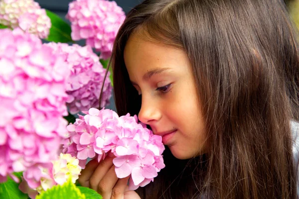 Portrait Little Beautiful Girl Bouquet Hydrangeas Her Hands Child Girl — Stockfoto