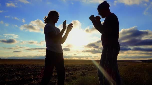 Sports Recreation Father Son Train Sunset Couple Father Son Boxing — Stockvideo
