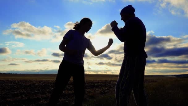 Sports Recreation Father Son Train Sunset Couple Father Son Boxing — Stockvideo