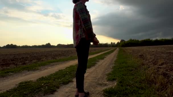 Lonely Young Woman Rural Road Girl Stands Walks Runs Village — Stockvideo