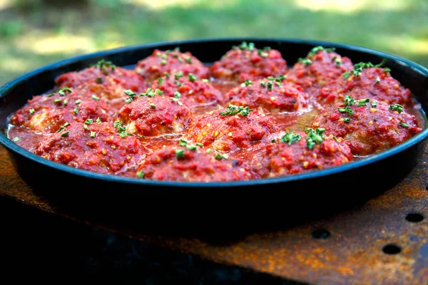 Appetizing Fresh Meatballs Tomato Sauce Meat Dish Meatballs Traditional Sauce — Stockfoto