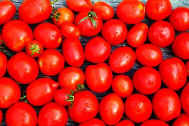Fresh organic red tomatoes. Eco friendly non-gmo red tomatoes on the table. The concept of health, non-gmo products, clean ecological food. 