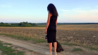 A beautiful young woman walks with a Staffordshire Terrier in a field. Happy free girl on a walk with a dog in nature. The concept of happiness, freedom, pets. 
