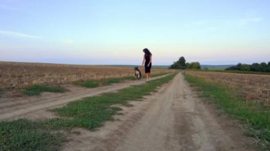 A beautiful young woman walks with a Staffordshire Terrier in a field. Happy free girl on a walk with a dog in nature. The concept of happiness, freedom, pets. 
