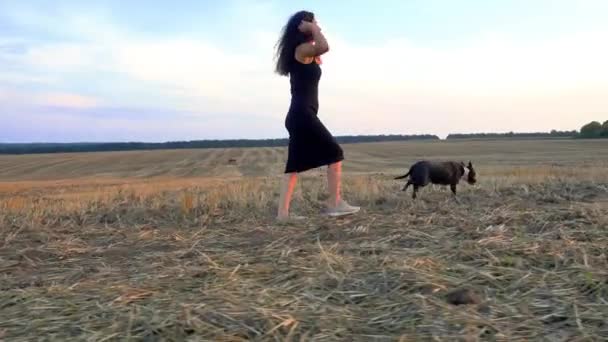 Beautiful Young Woman Walks Staffordshire Terrier Field Happy Free Girl — Stockvideo